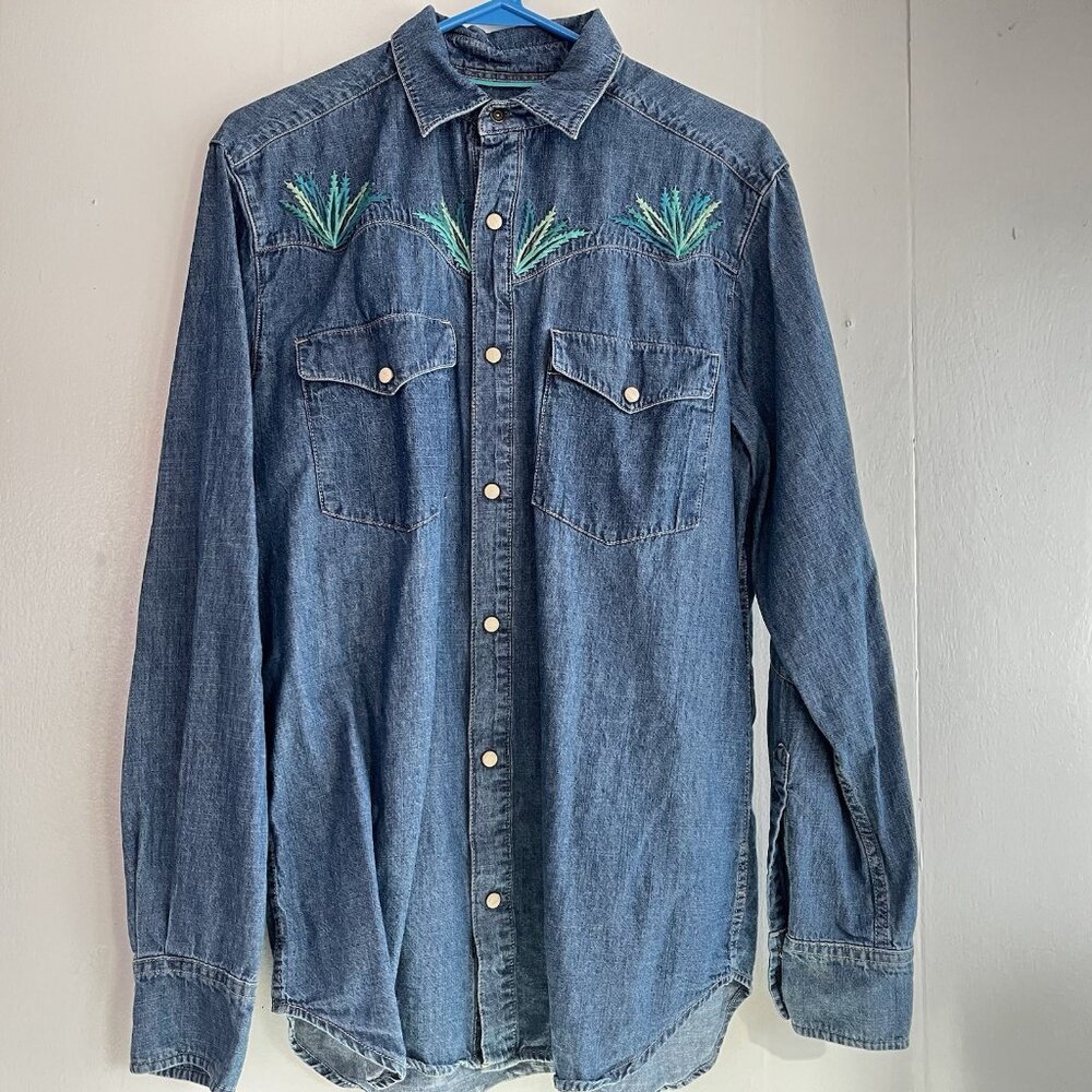 Territory Ahead Shirt Western Denim Blue Pearl Snap Cowboy Embroidered Mens Sz S